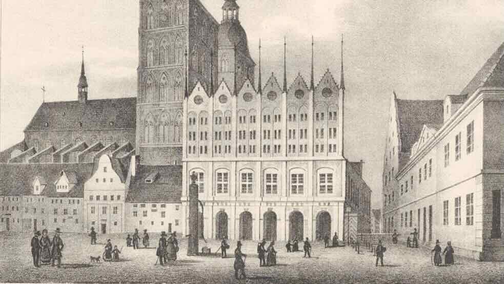 Rådhuset i Stralsund 1842, en litografi av Heinrich Wilhelm Teichgräber