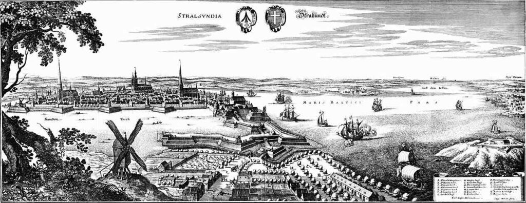 Koppargravyr av staden Stralsund, av Matthäus Merian den äldre.